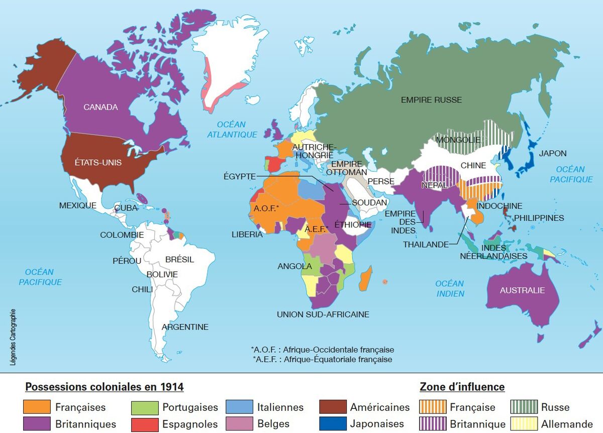 Carte des empires coloniaux et de leur possessions territoriales en 1914
