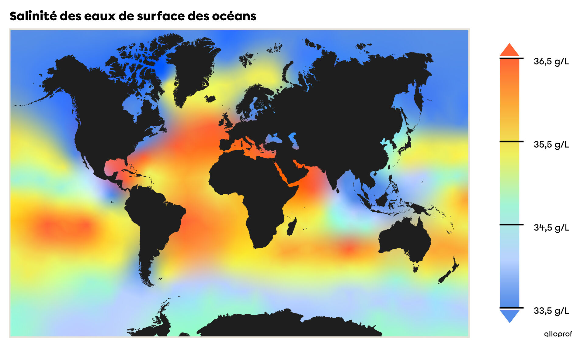 Salinité annuelle des eaux de surface des océans en g/L