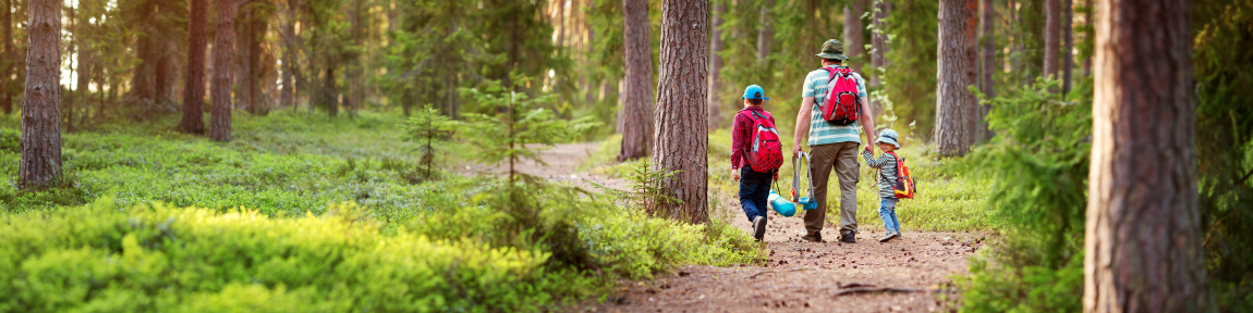 Des personnes marchant en forêt.