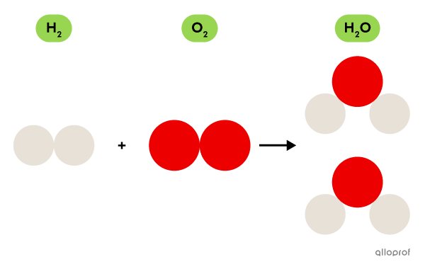 Les molécules d’eau (H2O) sont formées à partir de dihydrogène (H2) et de dioxygène (O2).